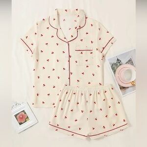 🍒🍒 Cherry Pajama Short Sleeve and Shorts Print Lounge wear Set Collared & Cuffed